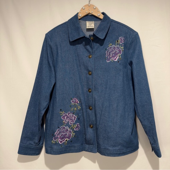 Vintage 90s Floral Embroidered Sequin Denim Jean Jacket & Pants Set, 12 Petite - Picture 2 of 16